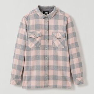 Roots Park Plaid Pastel Pink Grey Shacket Flannel Button Down Long Sleeve Thick